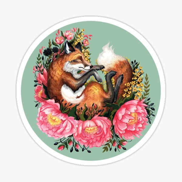 Fox and Flowers in Green Sticker