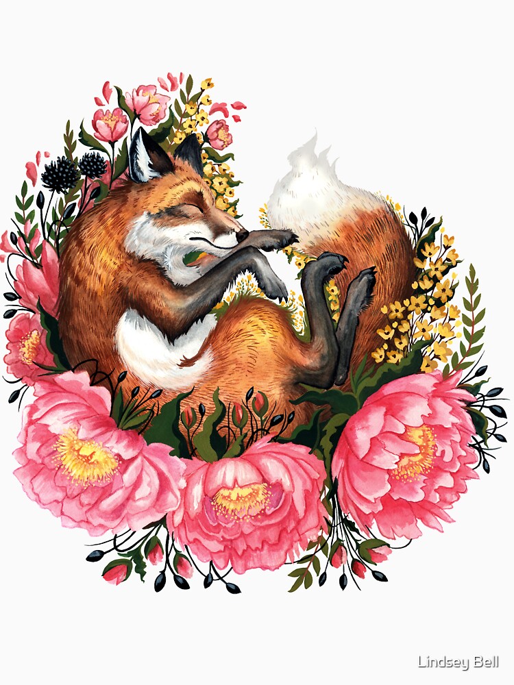 Fox and Flowers in Green by LindseyBellArt