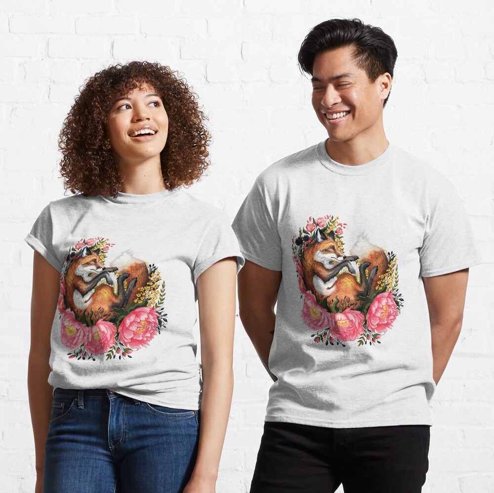 Fox and Flowers in Green Classic T-Shirt
