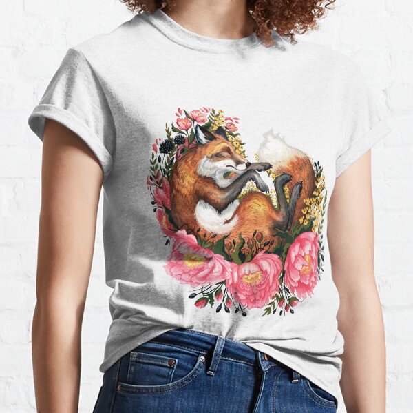 Fox and Flowers in Green Classic T-Shirt