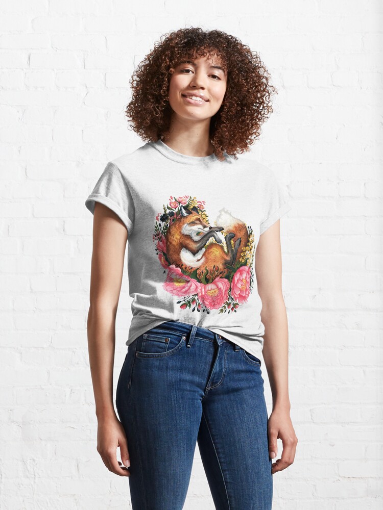 Alternate view of Fox and Flowers in Green Classic T-Shirt