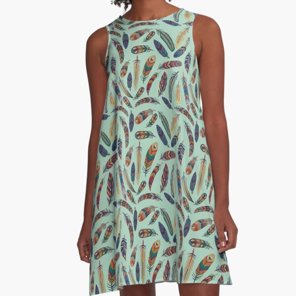 Feathers on Green A-Line Dress