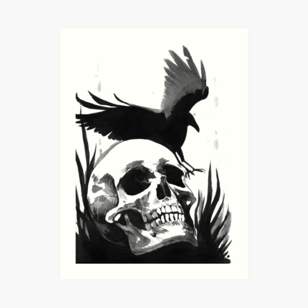 Inkwash Skull and Crow Art Print