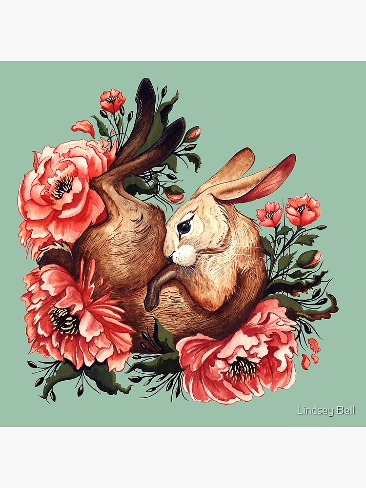 Rabbit and Flowers in Green by LindseyBellArt