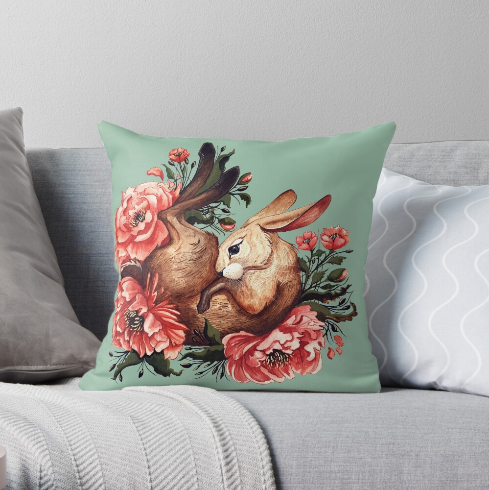 Rabbit and Flowers in Green Throw Pillow