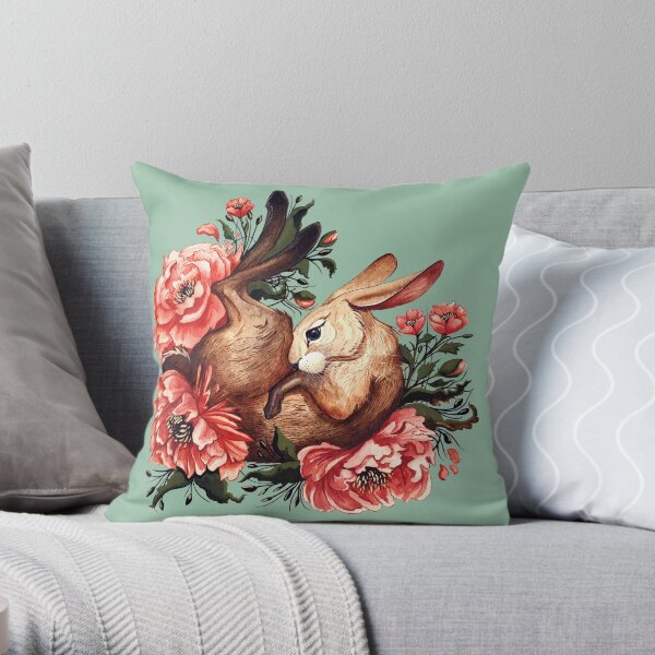 Rabbit and Flowers in Green Throw Pillow