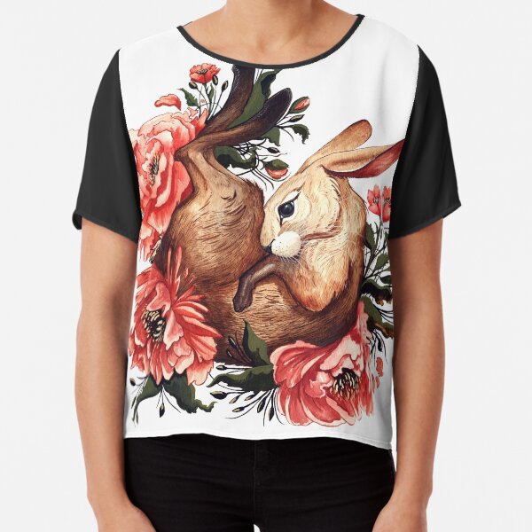 Rabbit and Flowers in White Chiffon Top
