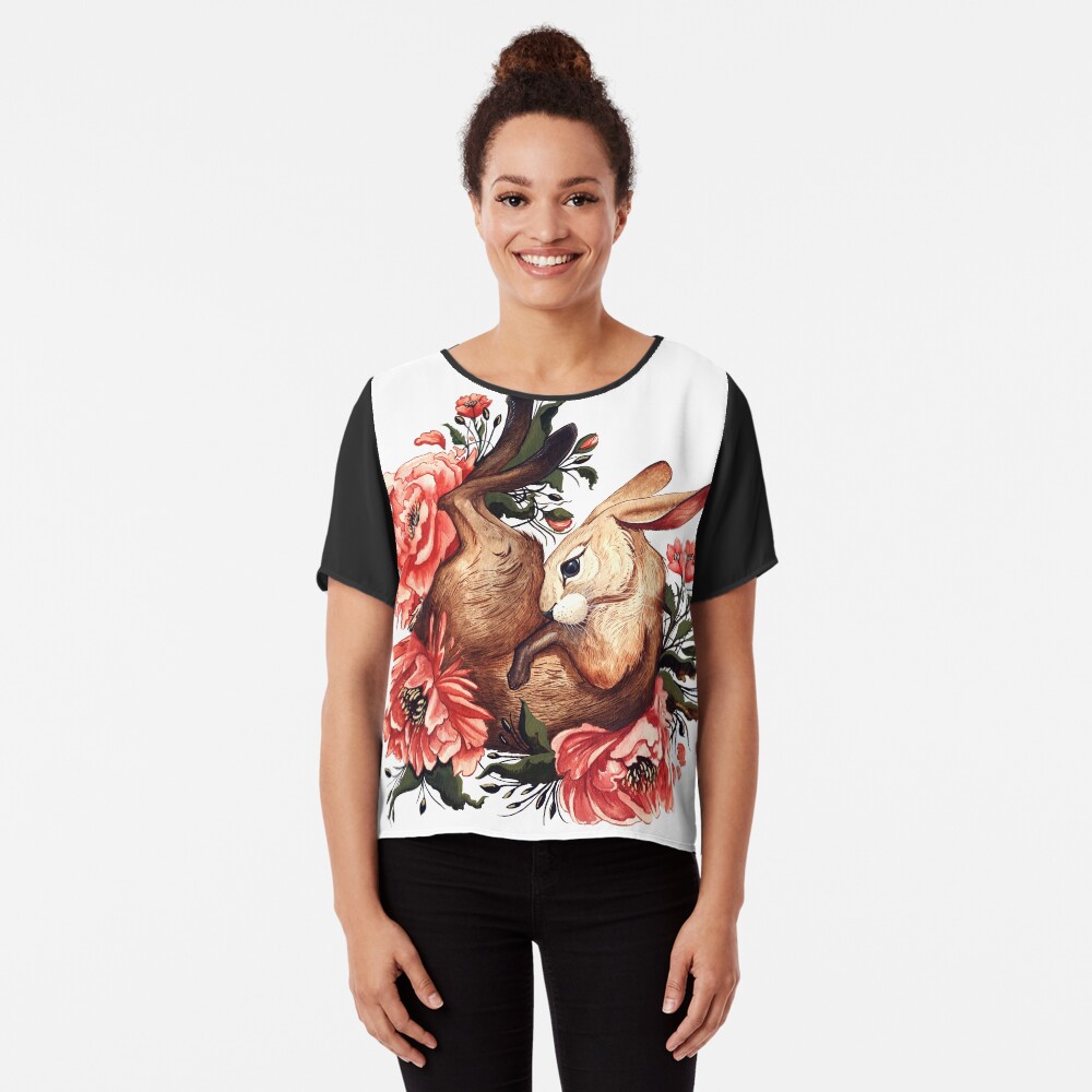 Rabbit and Flowers in White Chiffon Top
