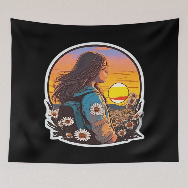 Item preview, Young Girl Backpacker  Watching Sunset over Daisies Field designed and sold by Ridiculam Toga.