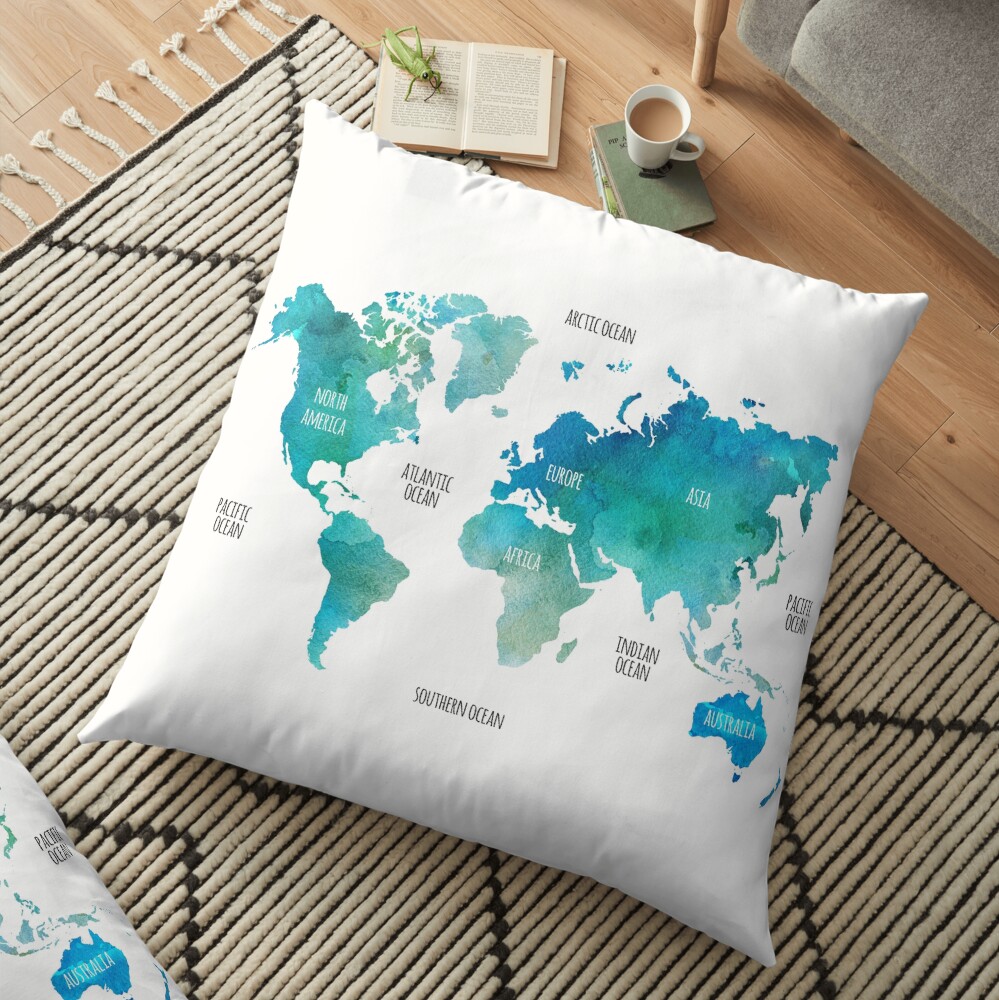 Worldmap in shades of blue Floor Pillow