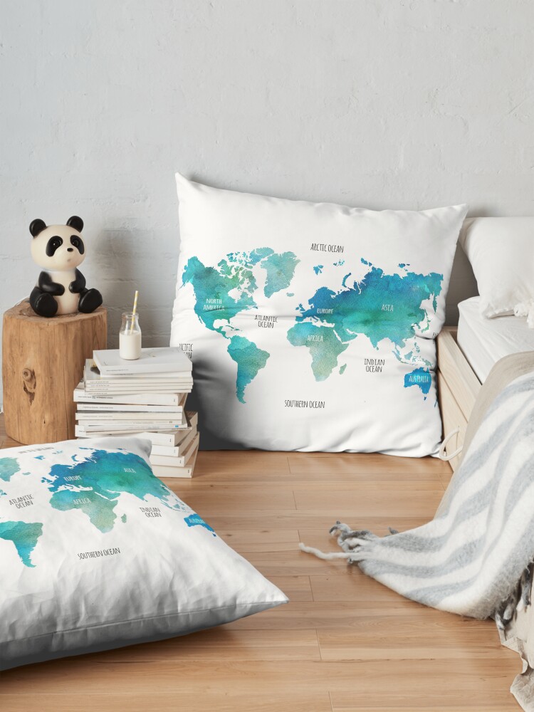 Alternate view of Worldmap in shades of blue Floor Pillow