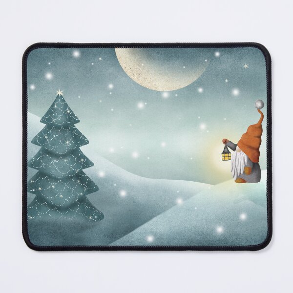 Item preview, Scandinavian gnome on winter landscape watercolor illustration. Nordic tomte gnome with Christmas tree. Moonlight snow forest designed and sold by likapix.