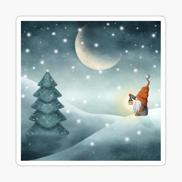 Item preview, Scandinavian gnome on winter landscape watercolor illustration. Nordic tomte gnome with Christmas tree. Moonlight snow forest designed and sold by likapix.