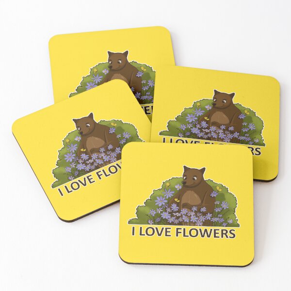 Item preview, I Love Flowers Bear Illustrated Text Design Yellow Background designed and sold by keepsketching.