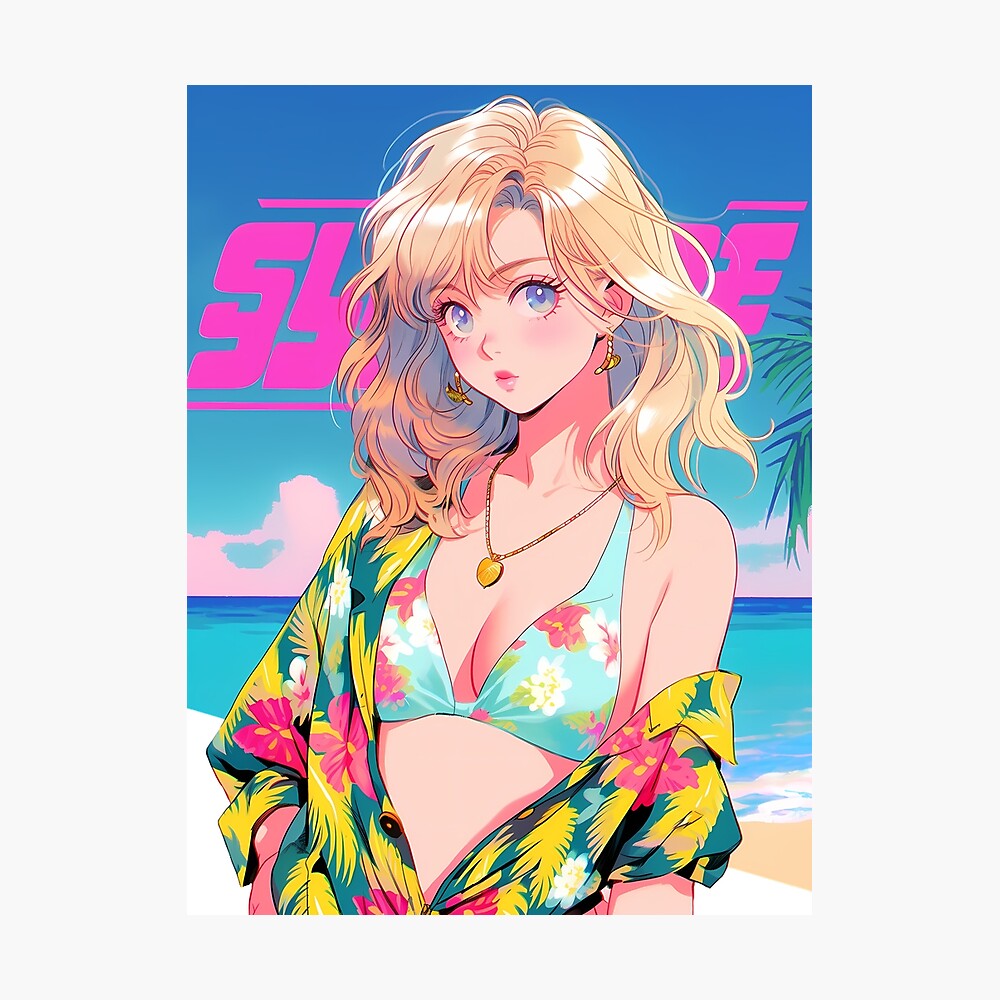 Cute anime 80s beach blonde girl 13- Retro Poster