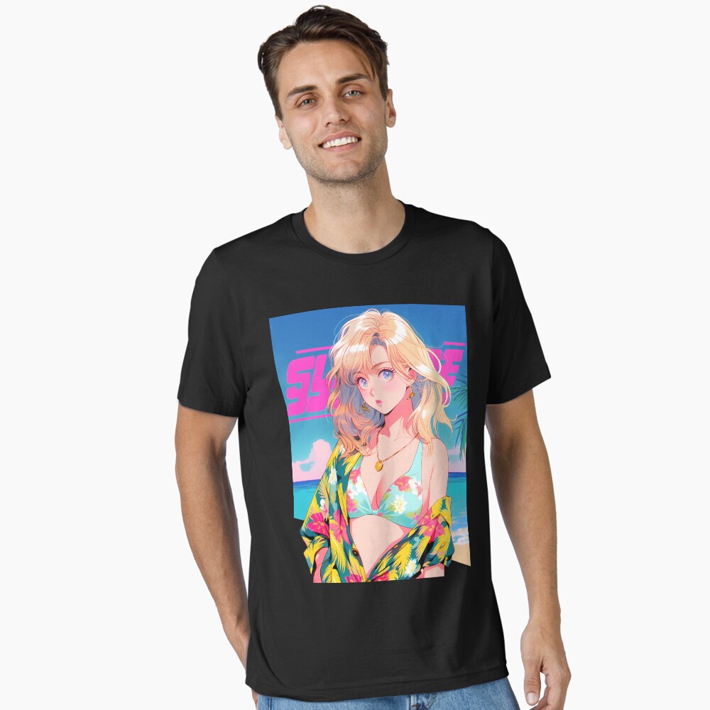 Cute anime 80s beach blonde girl 13- Retro Poster