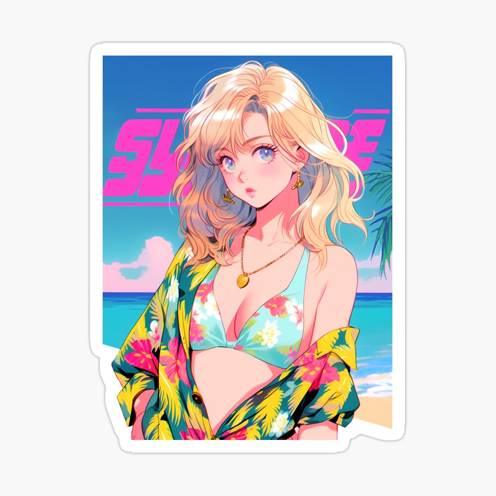 Cute anime 80s beach blonde girl 13- Retro Poster
