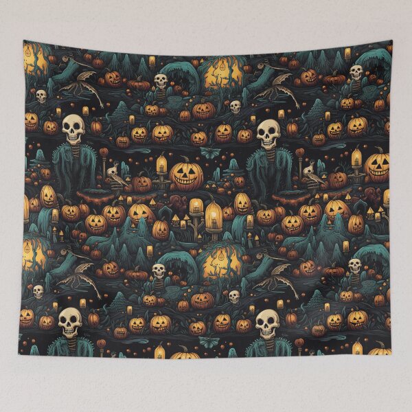Item preview, A cave with skeletons and pumpkins evokes Halloween's spirit designed and sold by StrawberryJolly.