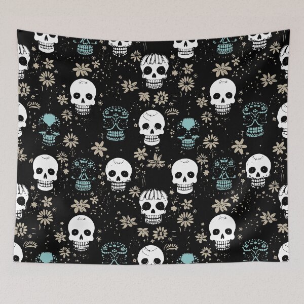 Item preview, Decorated Halloween Skulls Black Blue White Pattern designed and sold by Blue-Banana.