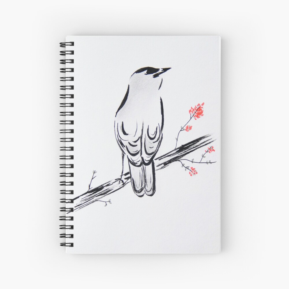 Drawing bird at tree branch with flower Royalty Free Vector