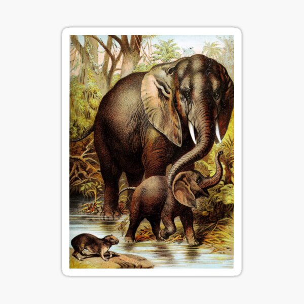 Item preview, African Elephants Mother and Baby in Water Vintage Chromolithograph Painting Animal Lover Gift designed and sold by ElegantTeaTime.