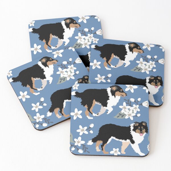 Item preview, Tri Color Collie Puppy Pattern small white flowers blue background designed and sold by HotPinkStudio.