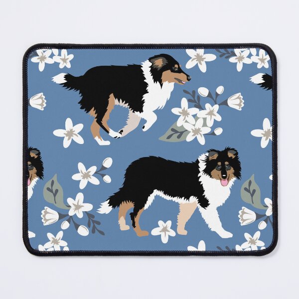 Item preview, Tri Color Collie Puppy Pattern small white flowers blue background designed and sold by HotPinkStudio.