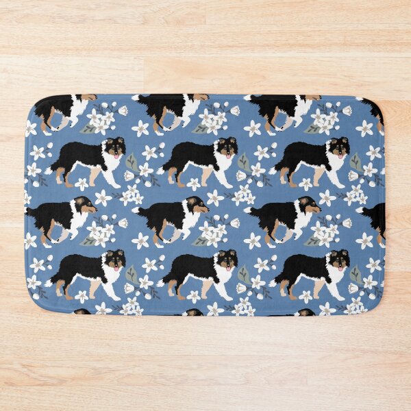 Item preview, Tri Color Collie Puppy Pattern small white flowers blue background designed and sold by HotPinkStudio.