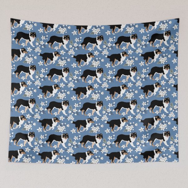 Item preview, Tri Color Collie Puppy Pattern small white flowers blue background designed and sold by HotPinkStudio.