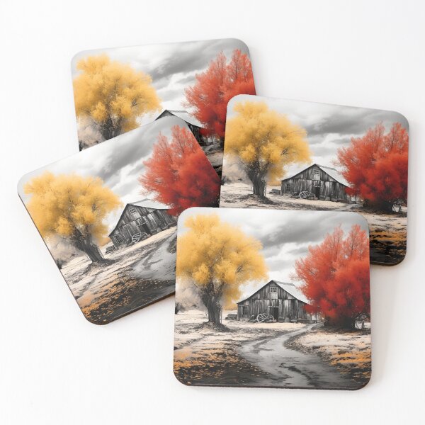 Item preview, Black and white country barn fall landscape print designed and sold by dcrc.