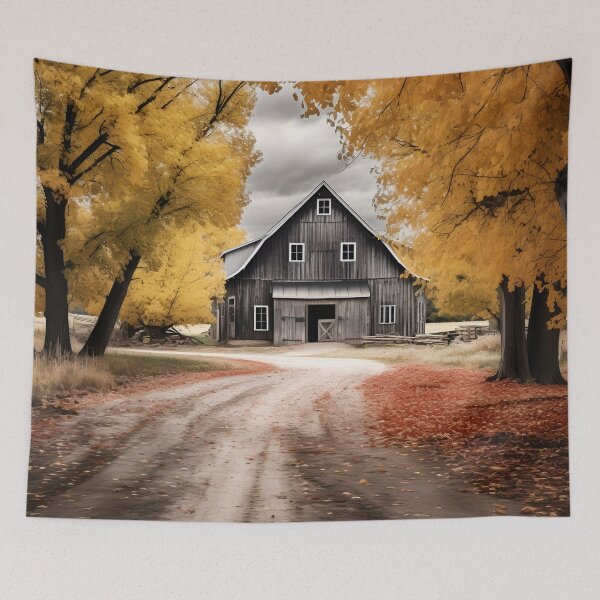 Item preview, black and white country barn fall landscape print designed and sold by dcrc.