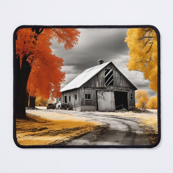 Item preview, black and white country barn fall landscape print designed and sold by dcrc.