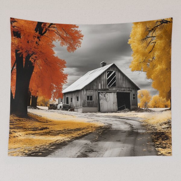 Item preview, black and white country barn fall landscape print designed and sold by dcrc.