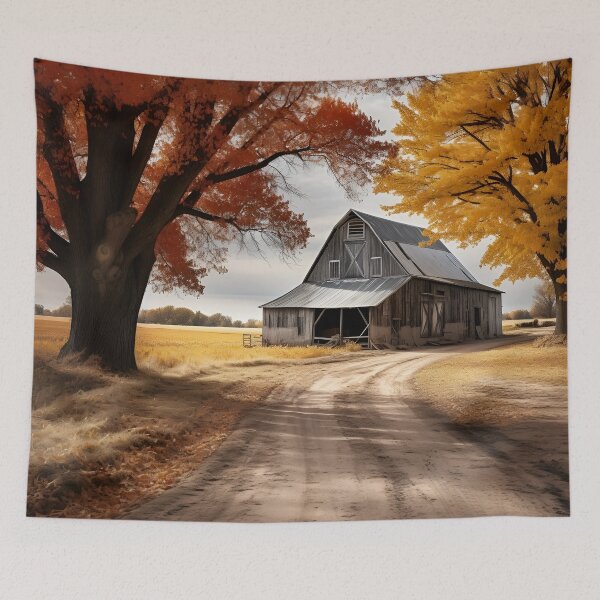 Item preview, black and white country barn fall landscape print designed and sold by dcrc.
