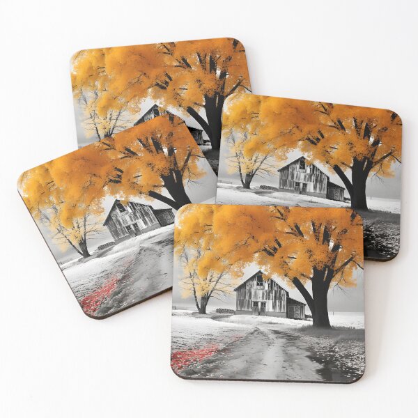 Item preview, black and white country barn fall landscape print designed and sold by dcrc.