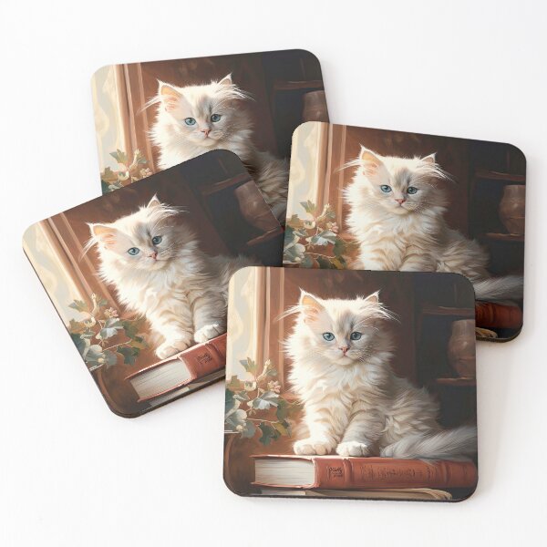 Item preview, white cute cat kitten on books designed and sold by WallyPink.