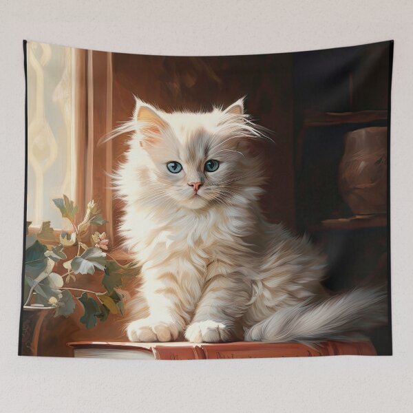 Item preview, white cute cat kitten on books designed and sold by WallyPink.