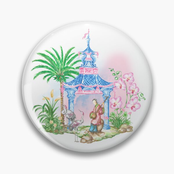 Aperçu de l'œuvre Scène, Pagode, Flamant rose, orchidée, toile de jouy, Pavillon de bambou, chinoiserie, papier peint, animaux, fleurs, floral, botanique créée et vendue par letsgow8th.
