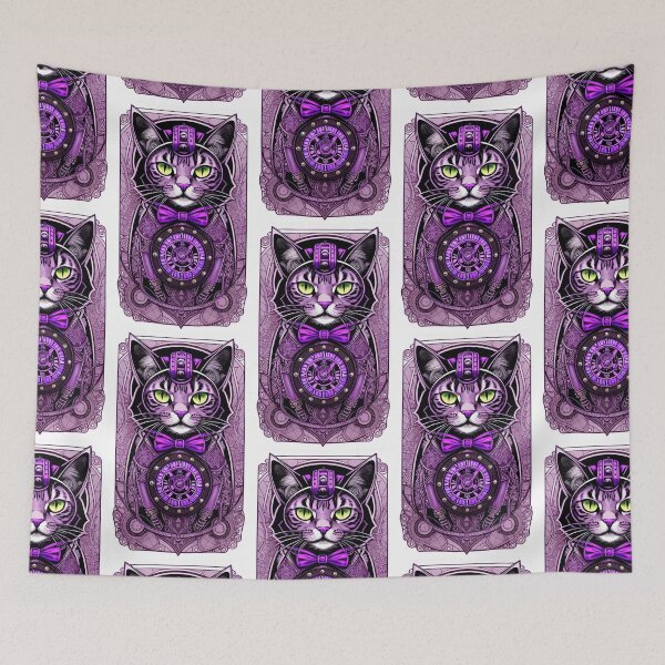 Item preview, Stylish steampunk cat with dial and filigree details in purple and Art Nouveau card look designed and sold by depthsofthemind.