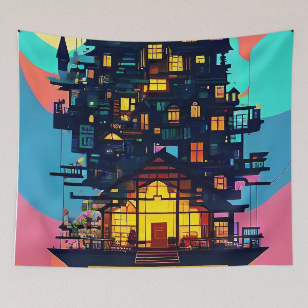 Item preview, Magic house, minimalist stylized, flying house in the sky, colorful designed and sold by depthsofthemind.