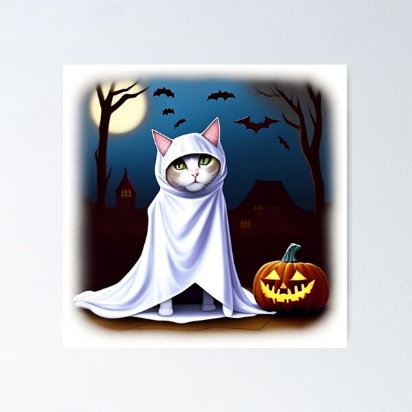 Item preview, Cat dresses up as a ghost for Halloween  There are pumpkins and there are bats. designed and sold by ChampArt8.