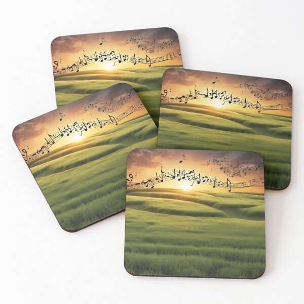 Item preview, Sunset over a green meadow with flowing musical notes. designed and sold by mariolasworld.