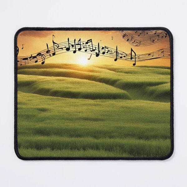 Item preview, Sunset over a green meadow with flowing musical notes. designed and sold by mariolasworld.
