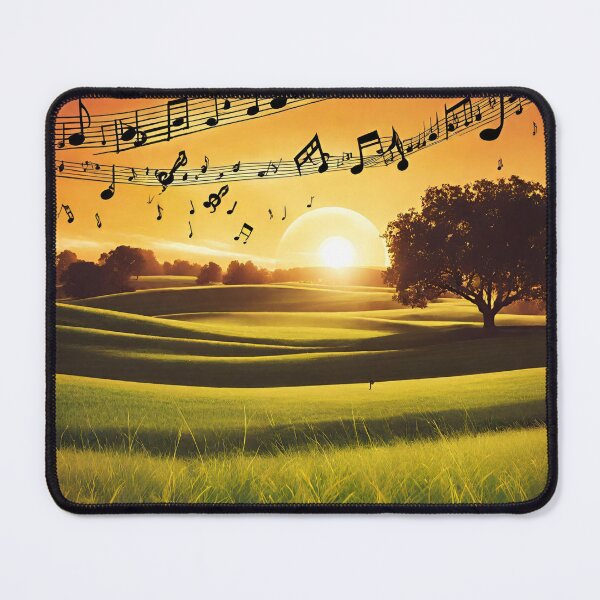 Item preview, Sunset over a green meadow with flowing musical notes. designed and sold by mariolasworld.