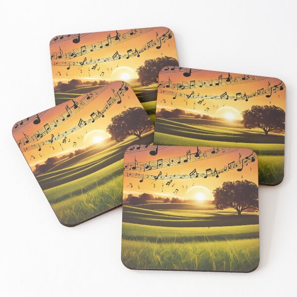 Item preview, Sunset over a green meadow with flowing musical notes. designed and sold by mariolasworld.