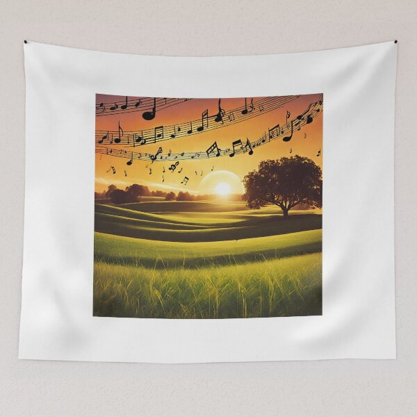 Item preview, Sunset over a green meadow with flowing musical notes. designed and sold by mariolasworld.