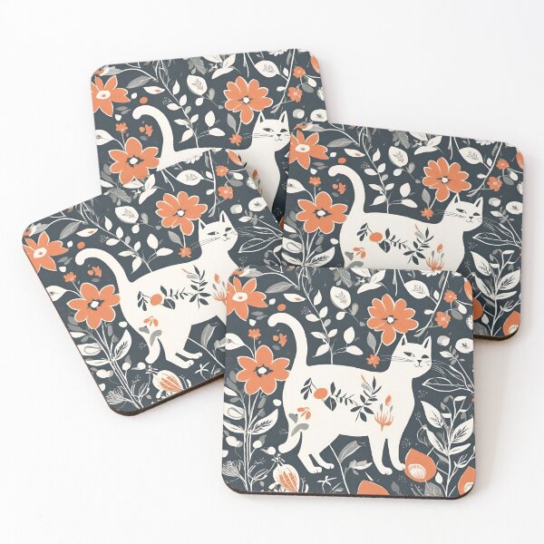 Item preview, White cat play around flowers pattern in scandinavian style art designed and sold by craftipixel.