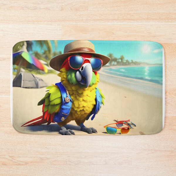 Item preview, Colorful parrot with hat, sunglasses, backpack on the beach designed and sold by Wonder-Place.