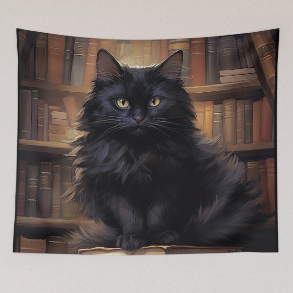 Item preview, black cat on stack of books, anime style designed and sold by WallyPink.