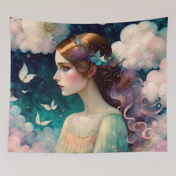 Item preview, A pretty girl hanging on whimsical clouds designed and sold by M-Y-A-R-T-.
